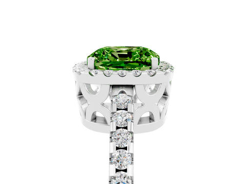 White gold Cushion Cut Peridot Halo Engagement Ring with Pavé Band and Prong Setting_17