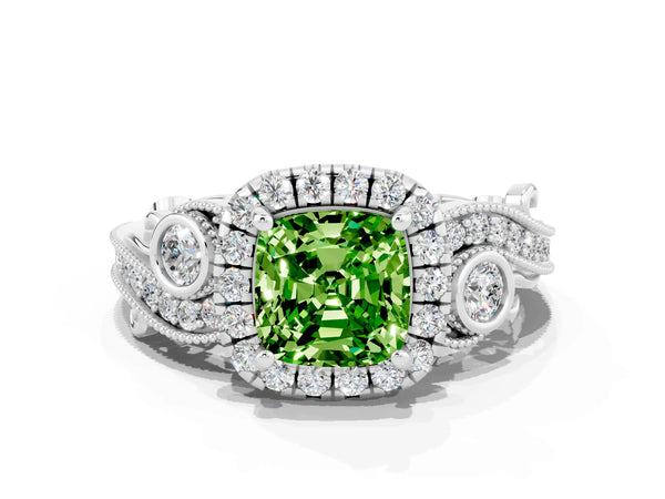 Silver Cushion Cut Peridot Halo Ring with Milgrain Pavé Band and Four-Prong Setting