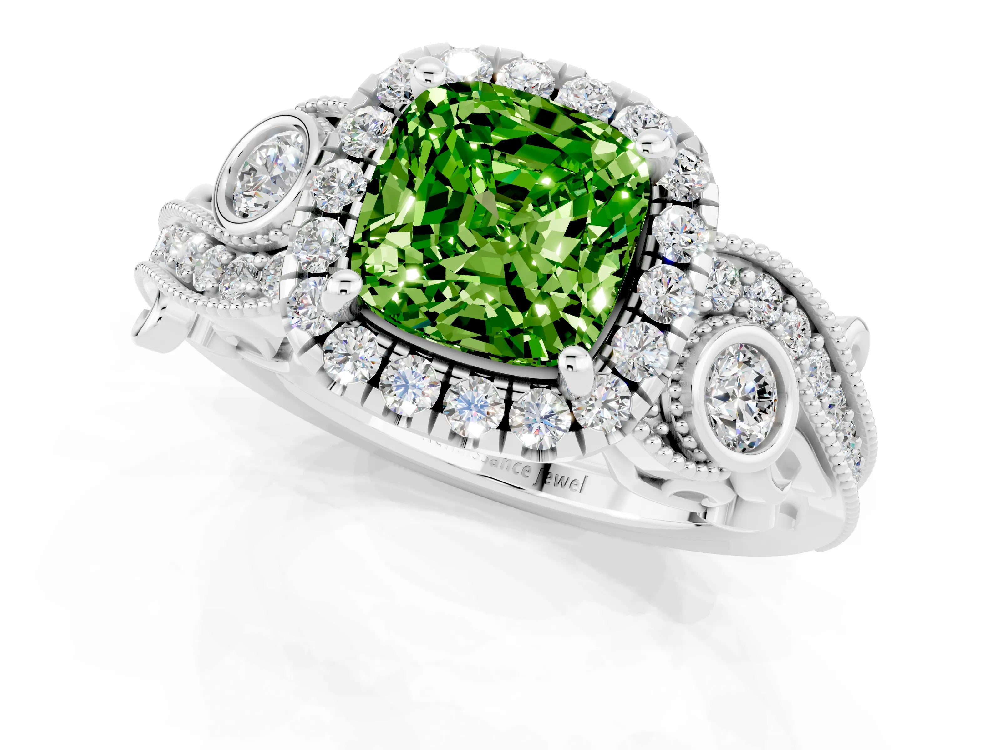 White gold Cushion Cut Peridot Halo Ring with Milgrain Pavé Band and Four-Prong Setting_13