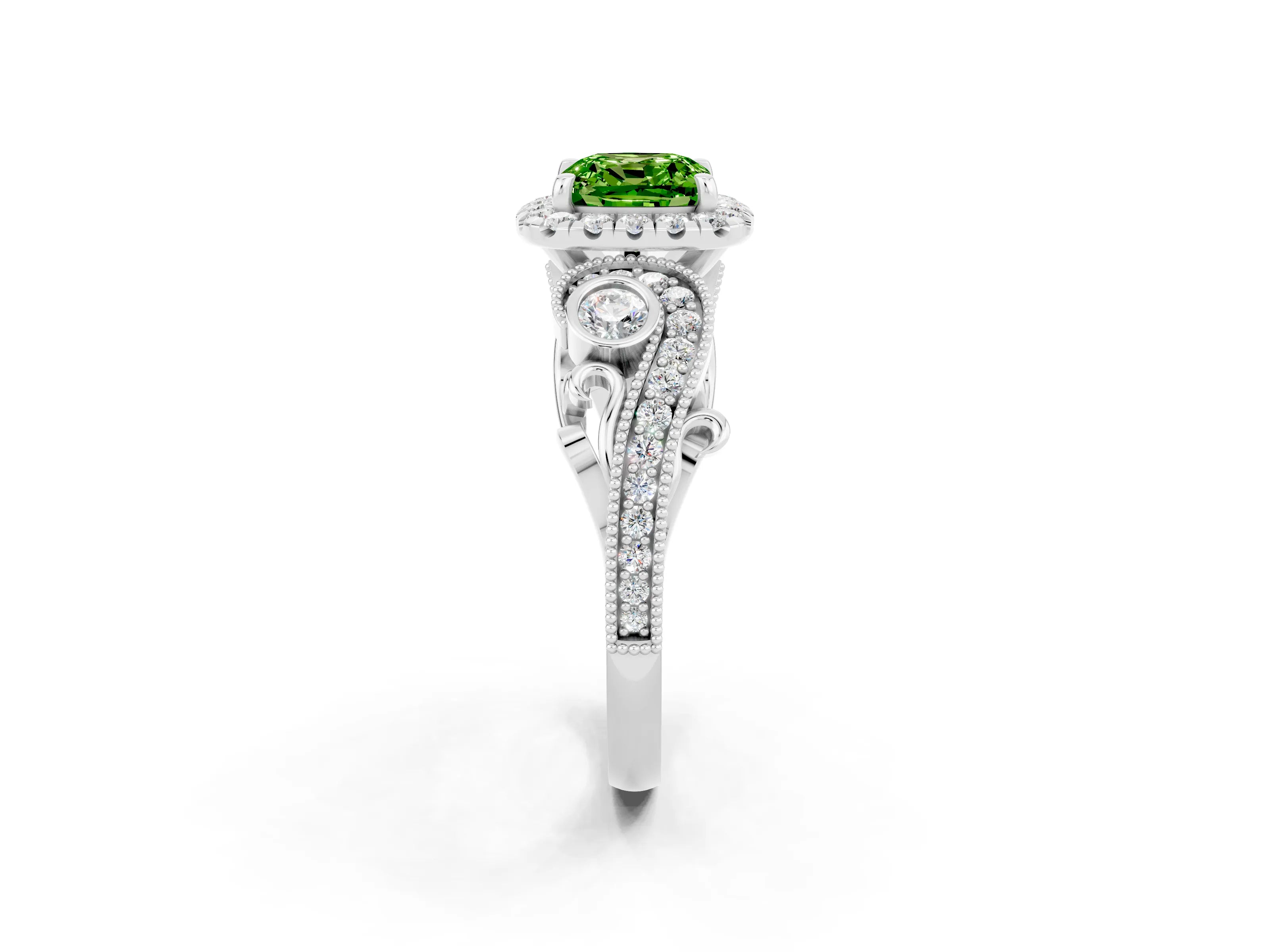 White gold Cushion Cut Peridot Halo Ring with Milgrain Pavé Band and Four-Prong Setting_14