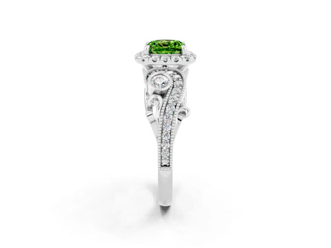 White gold Cushion Cut Peridot Halo Ring with Milgrain Pavé Band and Four-Prong Setting_14