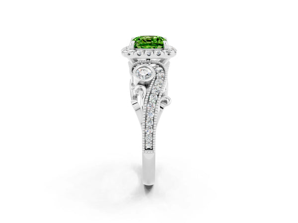 White gold Cushion Cut Peridot Halo Ring with Milgrain Pavé Band and Four-Prong Setting