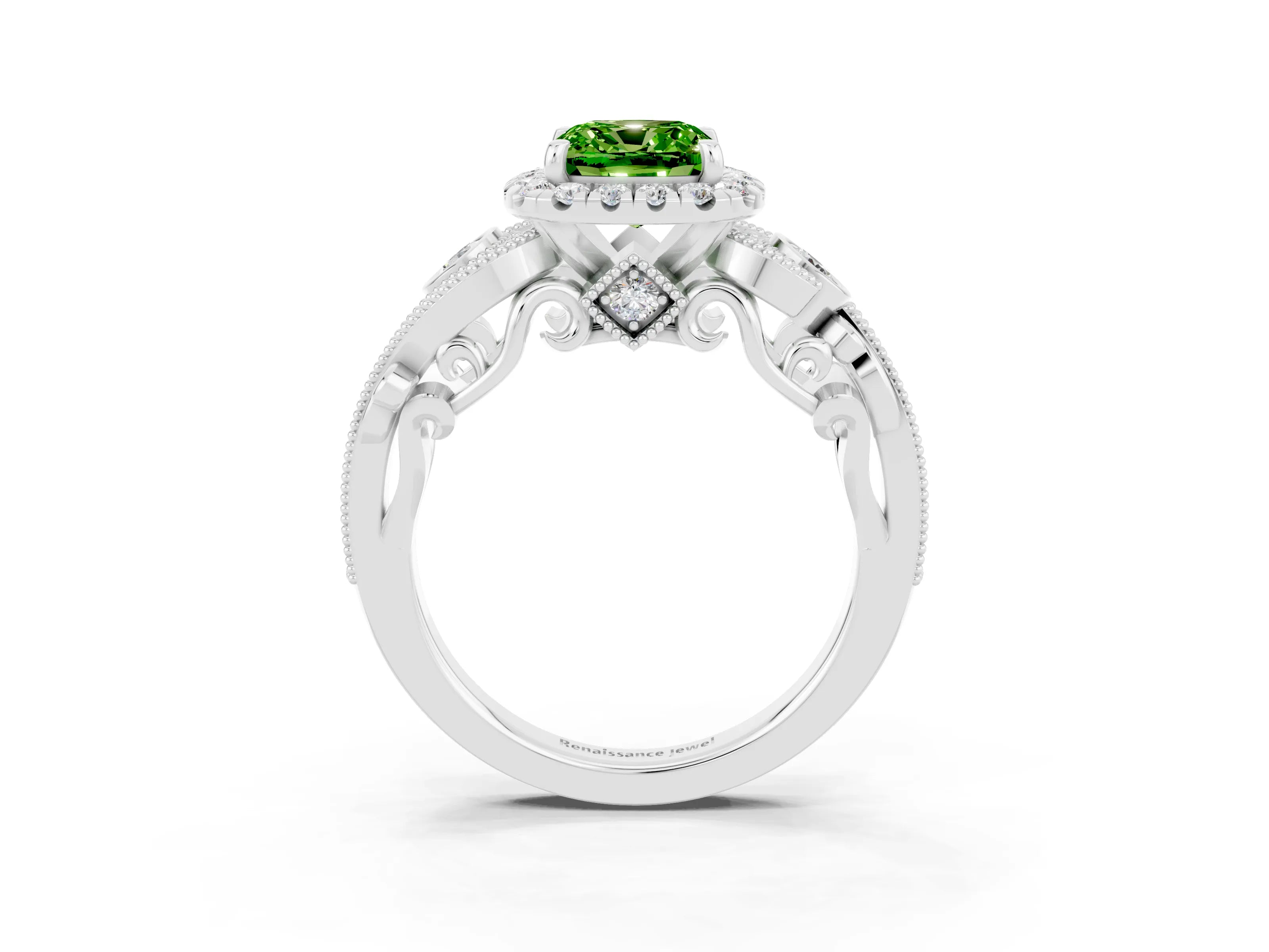 White gold Cushion Cut Peridot Halo Ring with Milgrain Pavé Band and Four-Prong Setting_15