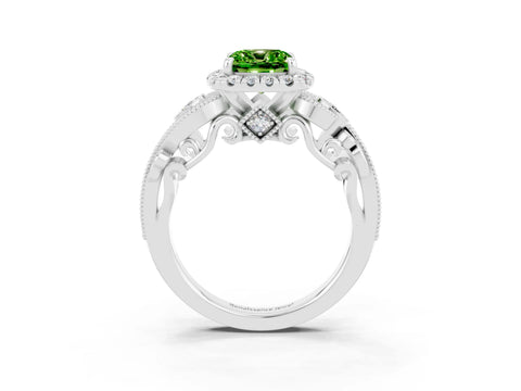 White gold Cushion Cut Peridot Halo Ring with Milgrain Pavé Band and Four-Prong Setting_15