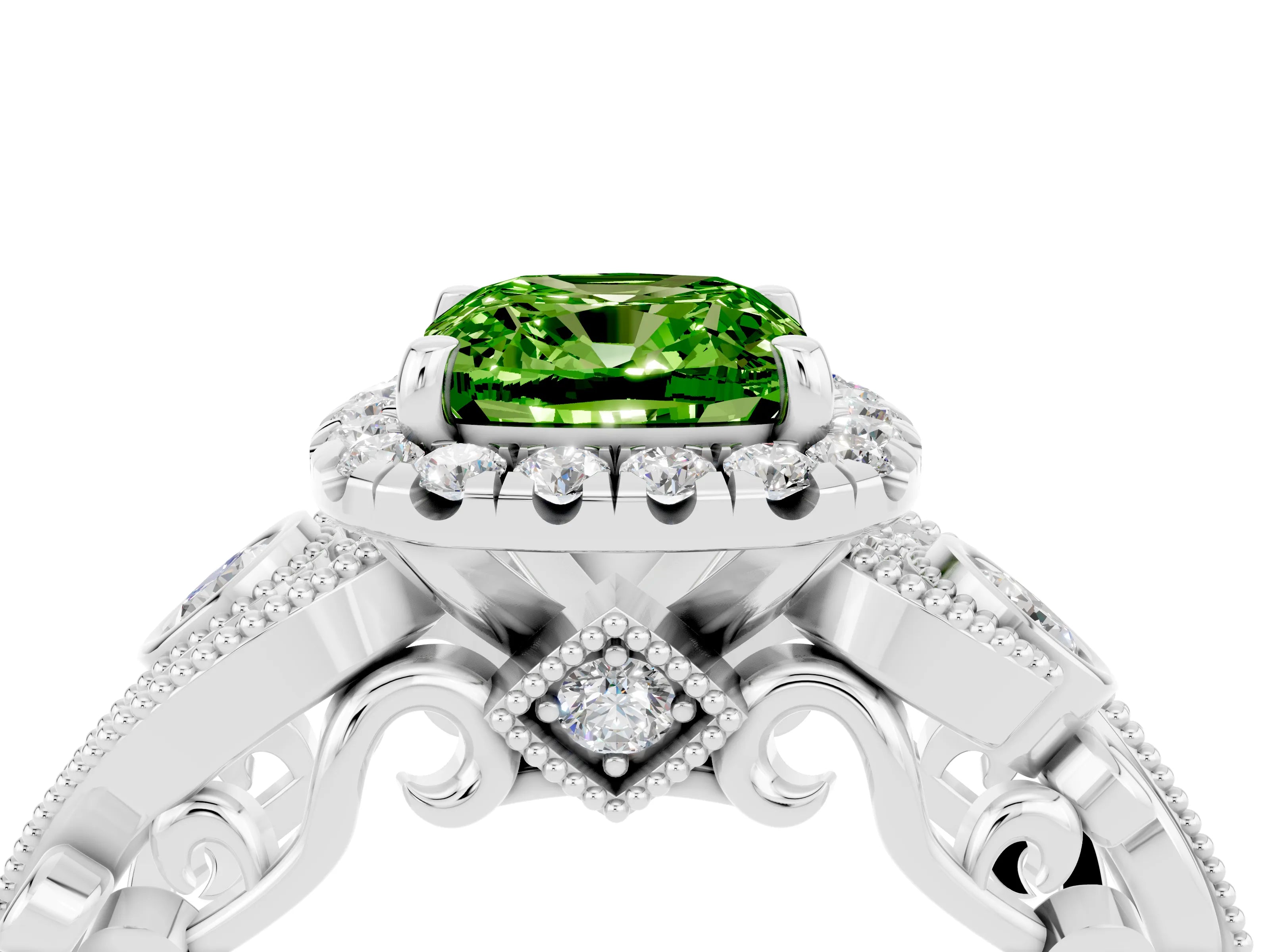 White gold Cushion Cut Peridot Halo Ring with Milgrain Pavé Band and Four-Prong Setting_16