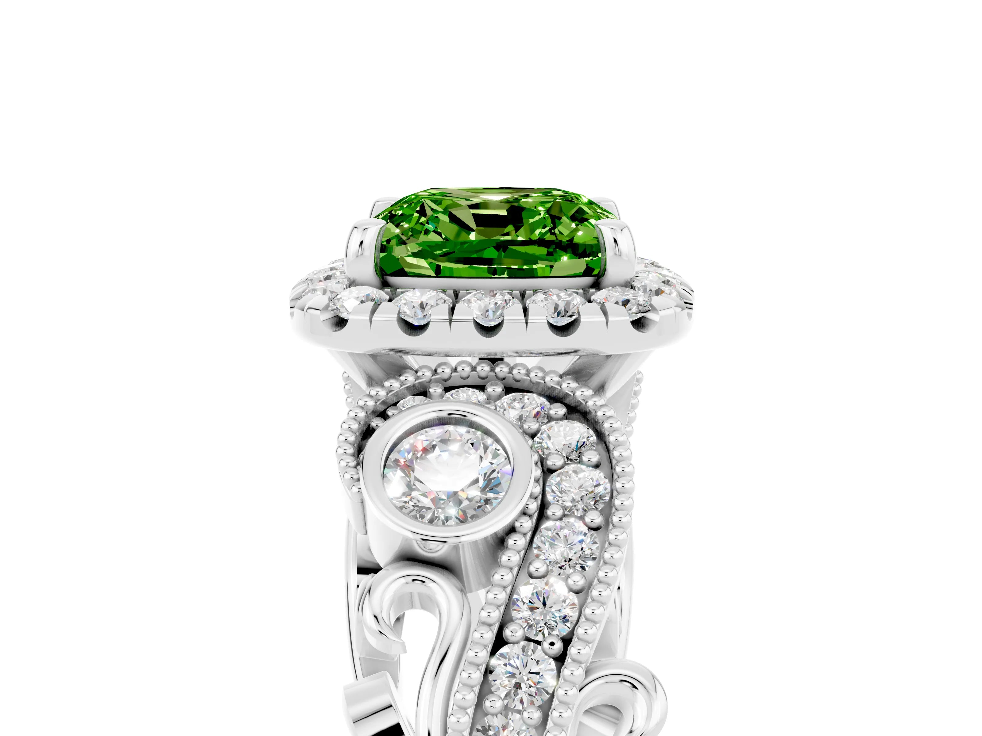 White gold Cushion Cut Peridot Halo Ring with Milgrain Pavé Band and Four-Prong Setting_17