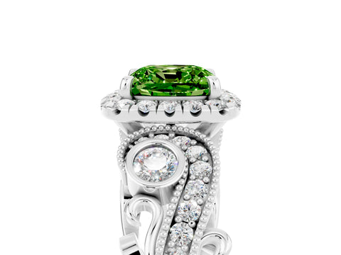 White gold Cushion Cut Peridot Halo Ring with Milgrain Pavé Band and Four-Prong Setting_17