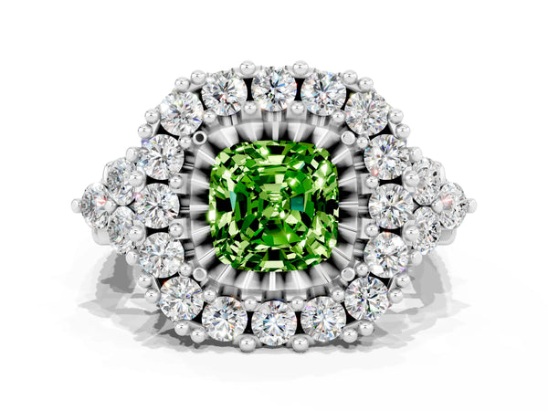 Silver Cushion Cut Peridot Halo Ring with Pavé Band and Four-Prong Setting