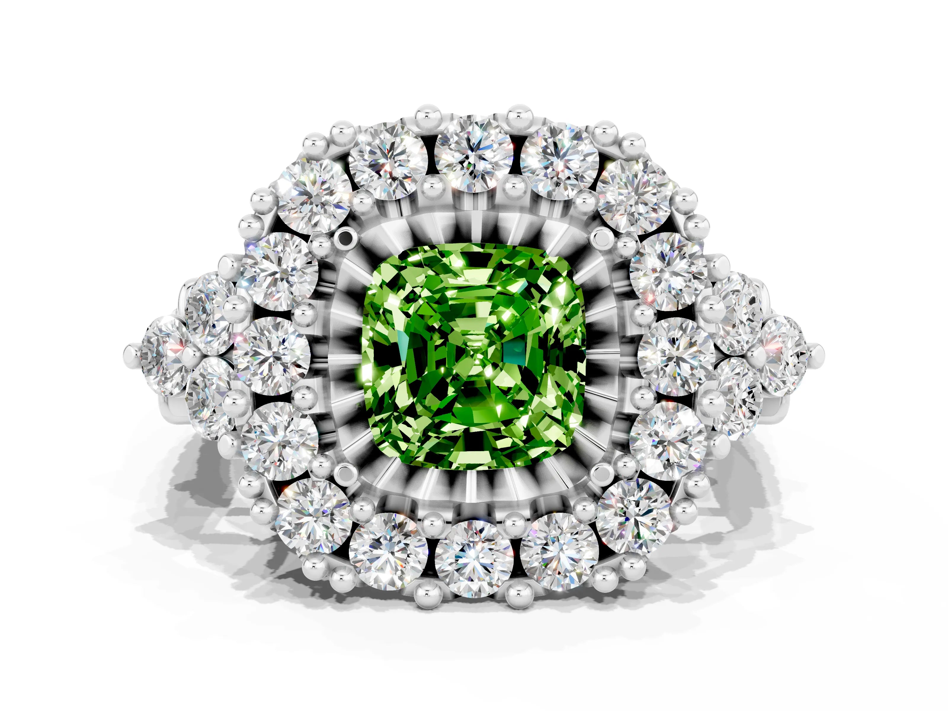 White gold Cushion Cut Peridot Halo Ring with Pavé Band and Four-Prong Setting_12