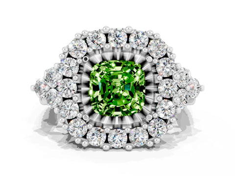 White gold Cushion Cut Peridot Halo Ring with Pavé Band and Four-Prong Setting_12