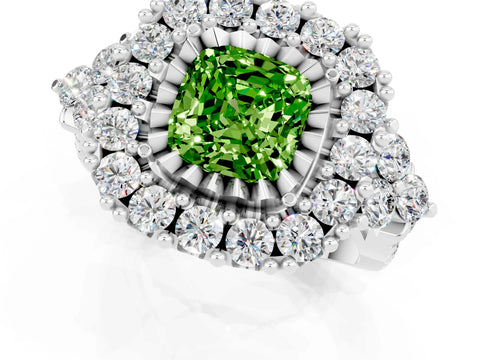 White gold Cushion Cut Peridot Halo Ring with Pavé Band and Four-Prong Setting_13