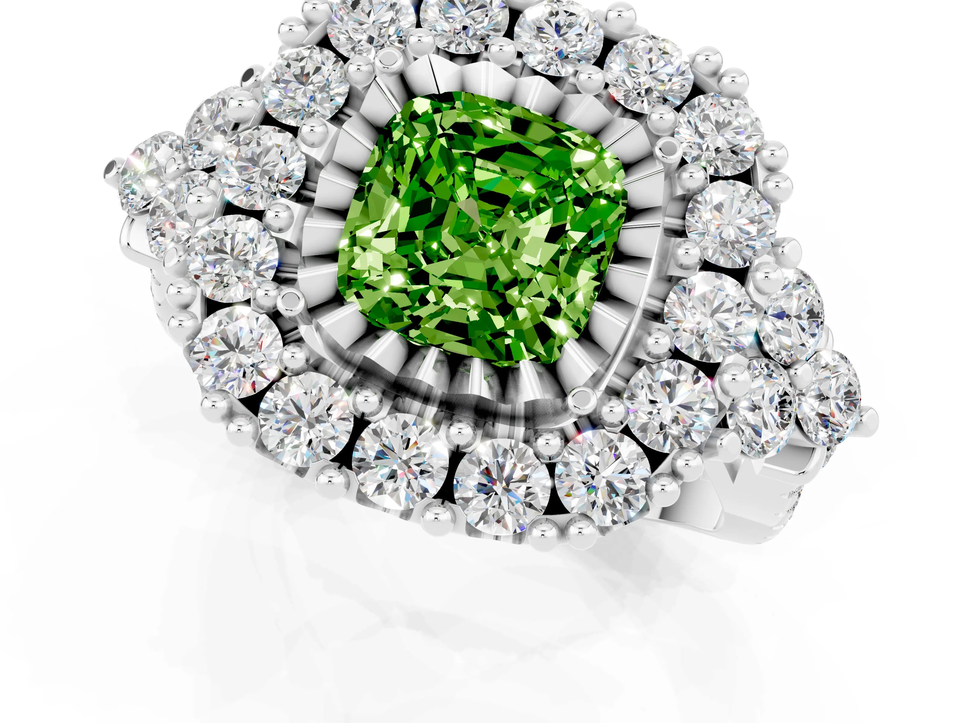 White gold Cushion Cut Peridot Halo Ring with Pavé Band and Four-Prong Setting_13