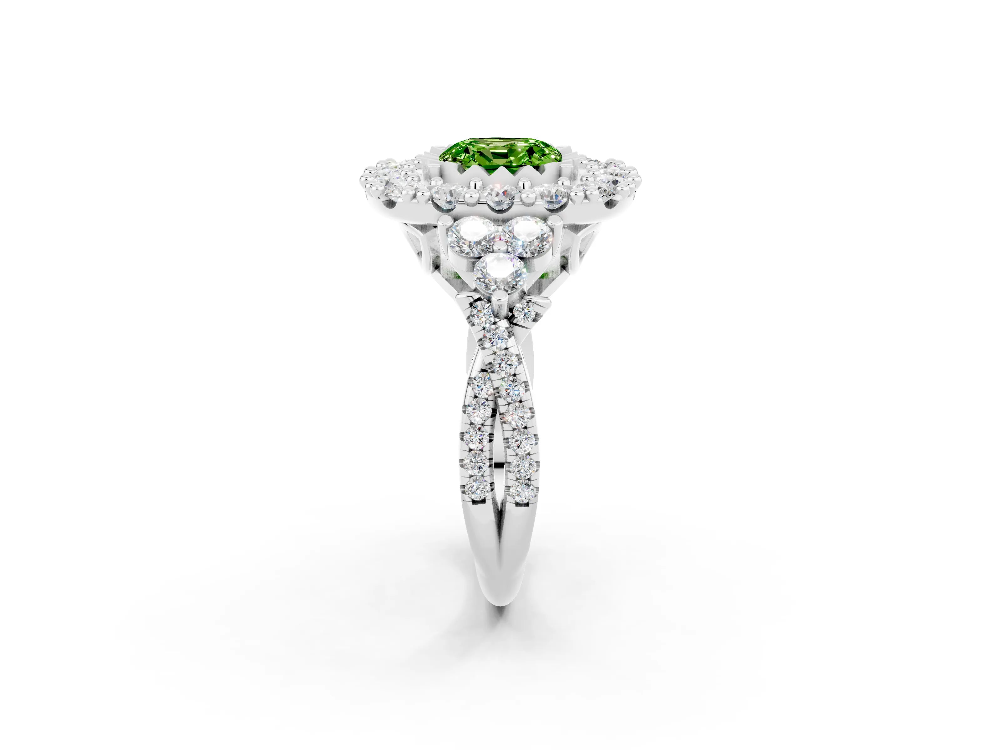 White gold Cushion Cut Peridot Halo Ring with Pavé Band and Four-Prong Setting_14