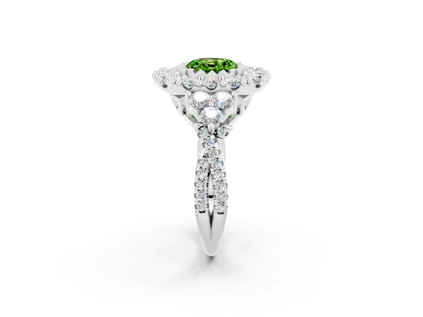 Silver Cushion Cut Peridot Halo Ring with Pavé Band and Four-Prong Setting