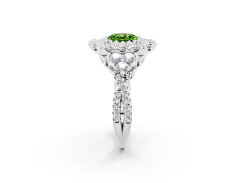 White gold Cushion Cut Peridot Halo Ring with Pavé Band and Four-Prong Setting_14