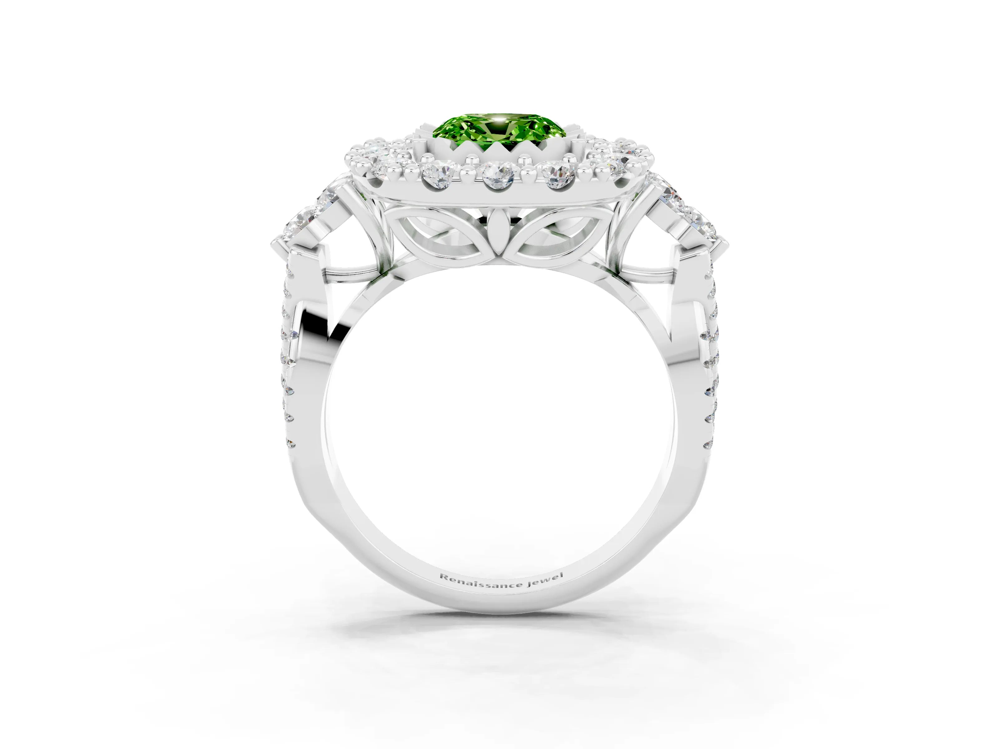 White gold Cushion Cut Peridot Halo Ring with Pavé Band and Four-Prong Setting_15