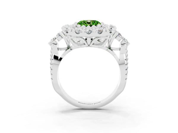 White gold Cushion Cut Peridot Halo Ring with Pavé Band and Four-Prong Setting