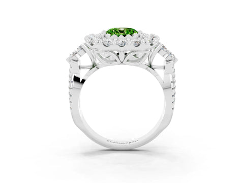 White gold Cushion Cut Peridot Halo Ring with Pavé Band and Four-Prong Setting_15