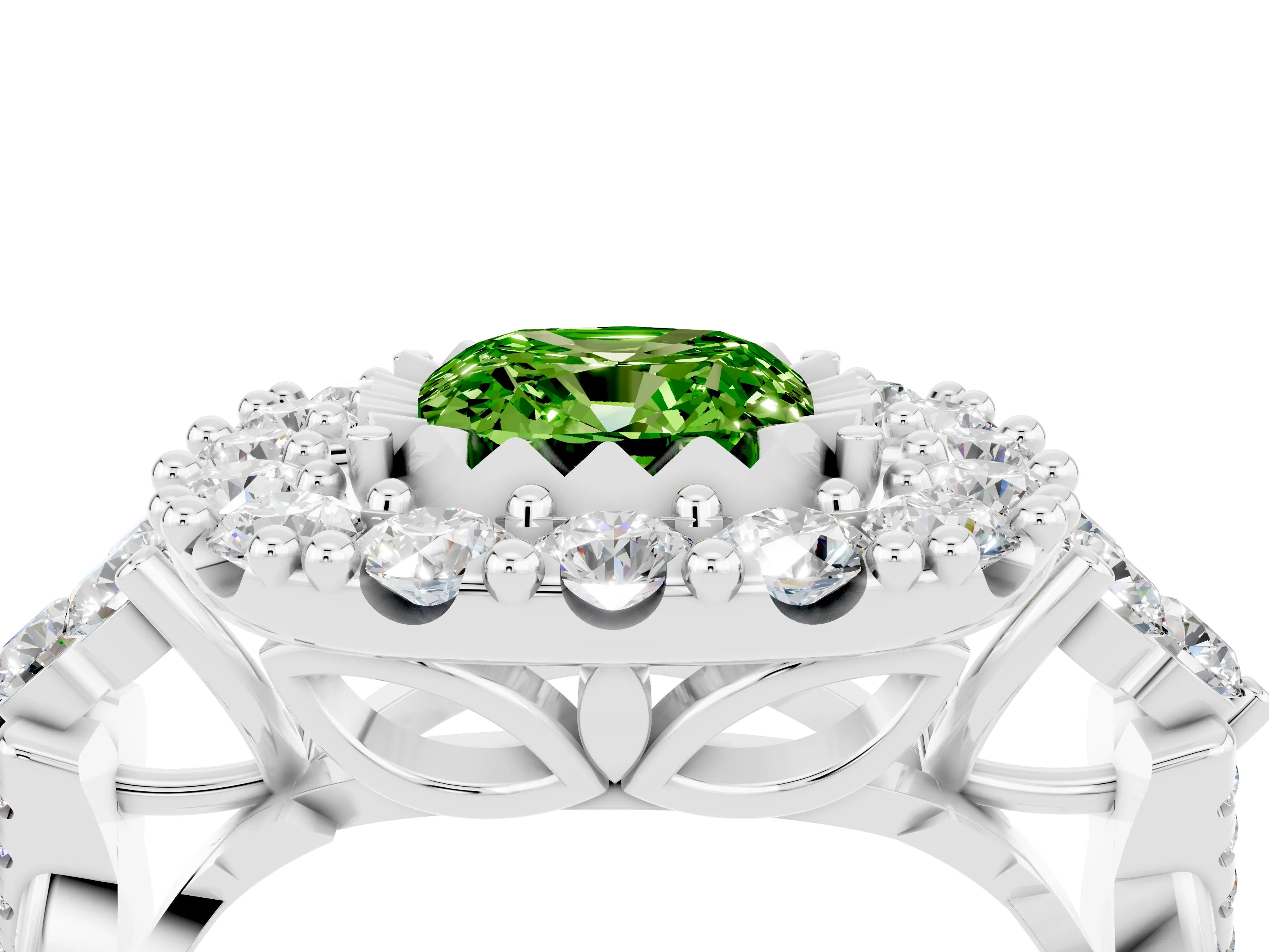 White gold Cushion Cut Peridot Halo Ring with Pavé Band and Four-Prong Setting_16