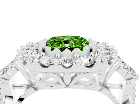 White gold Cushion Cut Peridot Halo Ring with Pavé Band and Four-Prong Setting_16