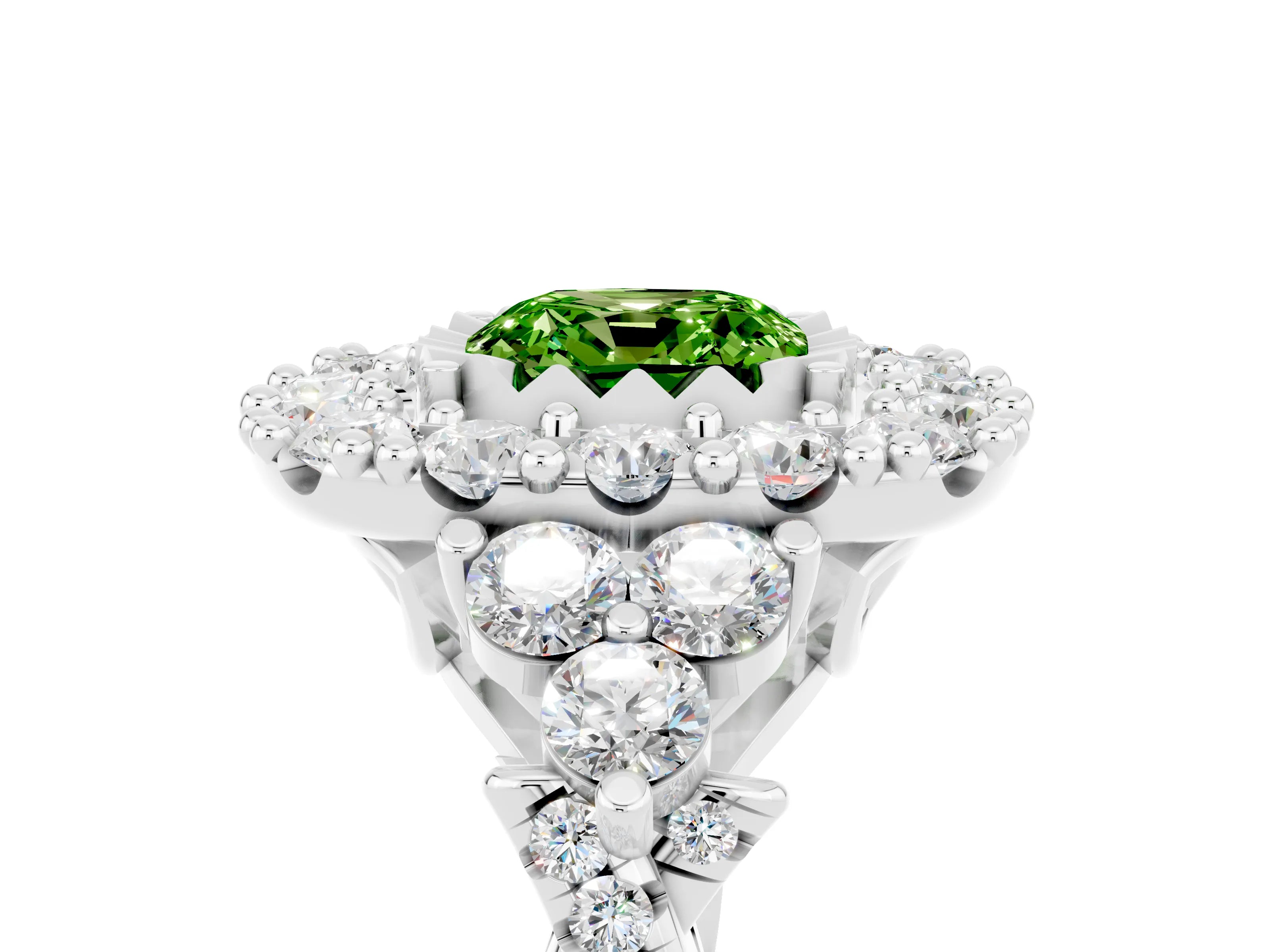 White gold Cushion Cut Peridot Halo Ring with Pavé Band and Four-Prong Setting_17