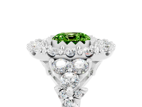 White gold Cushion Cut Peridot Halo Ring with Pavé Band and Four-Prong Setting_17