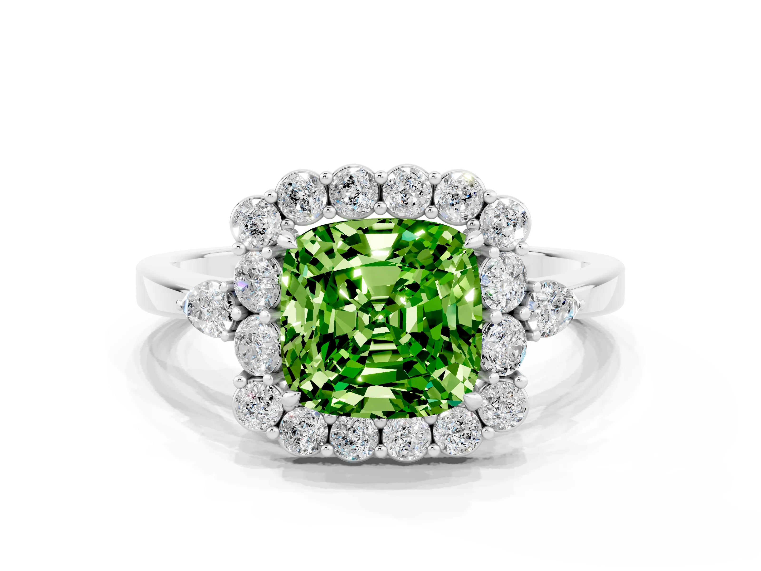 White gold Cushion Cut Peridot Halo Ring with Pear Side Stones and Prong Setting_24