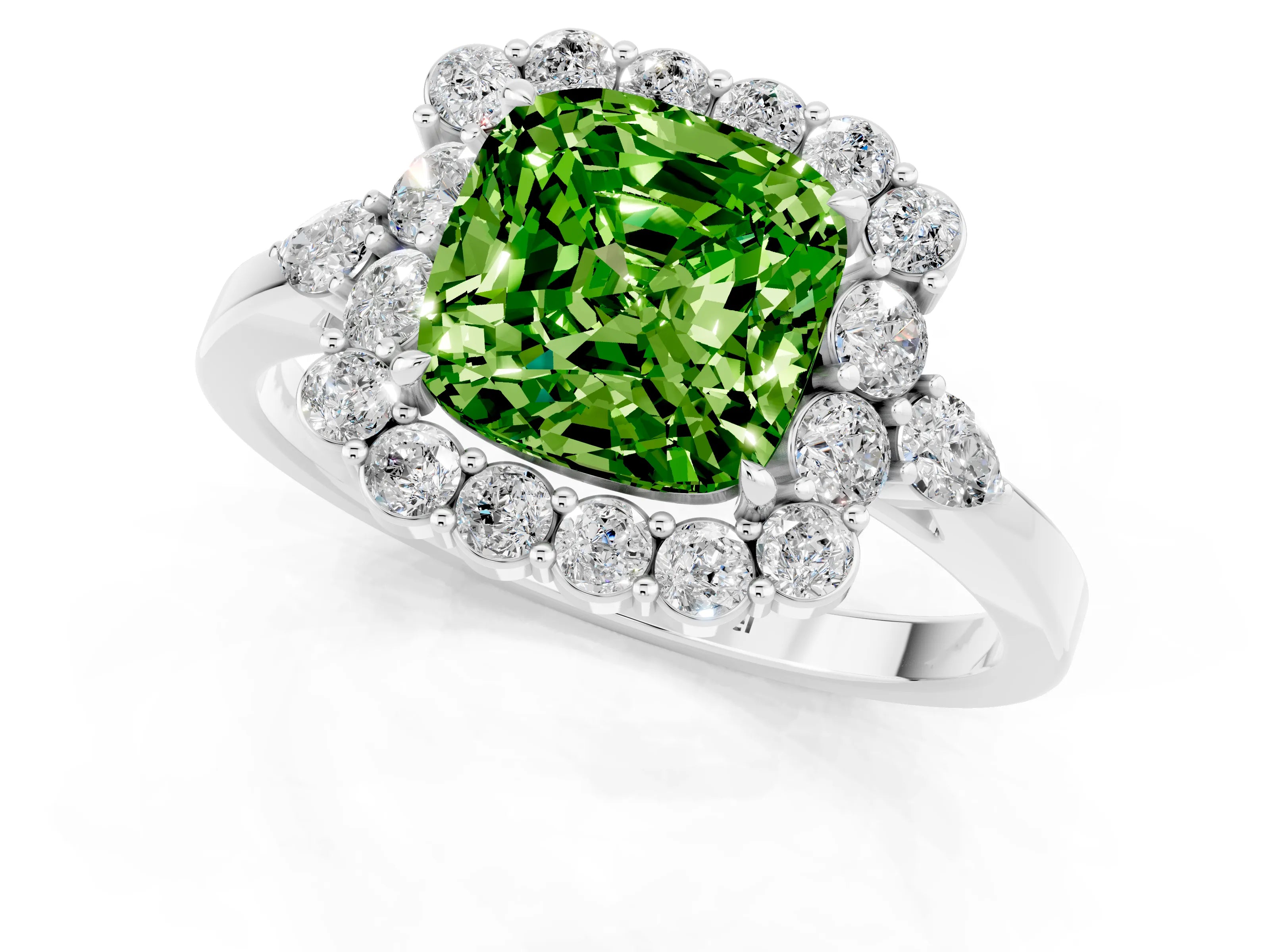 White gold Cushion Cut Peridot Halo Ring with Pear Side Stones and Prong Setting_25
