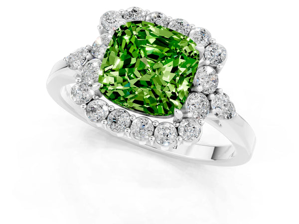 Silver Cushion Cut Peridot Halo Ring with Pear Side Stones and Prong Setting