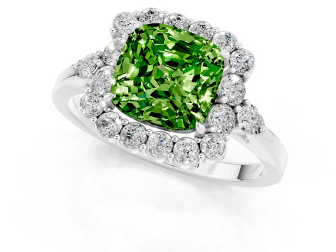 White gold Cushion Cut Peridot Halo Ring with Pear Side Stones and Prong Setting_25