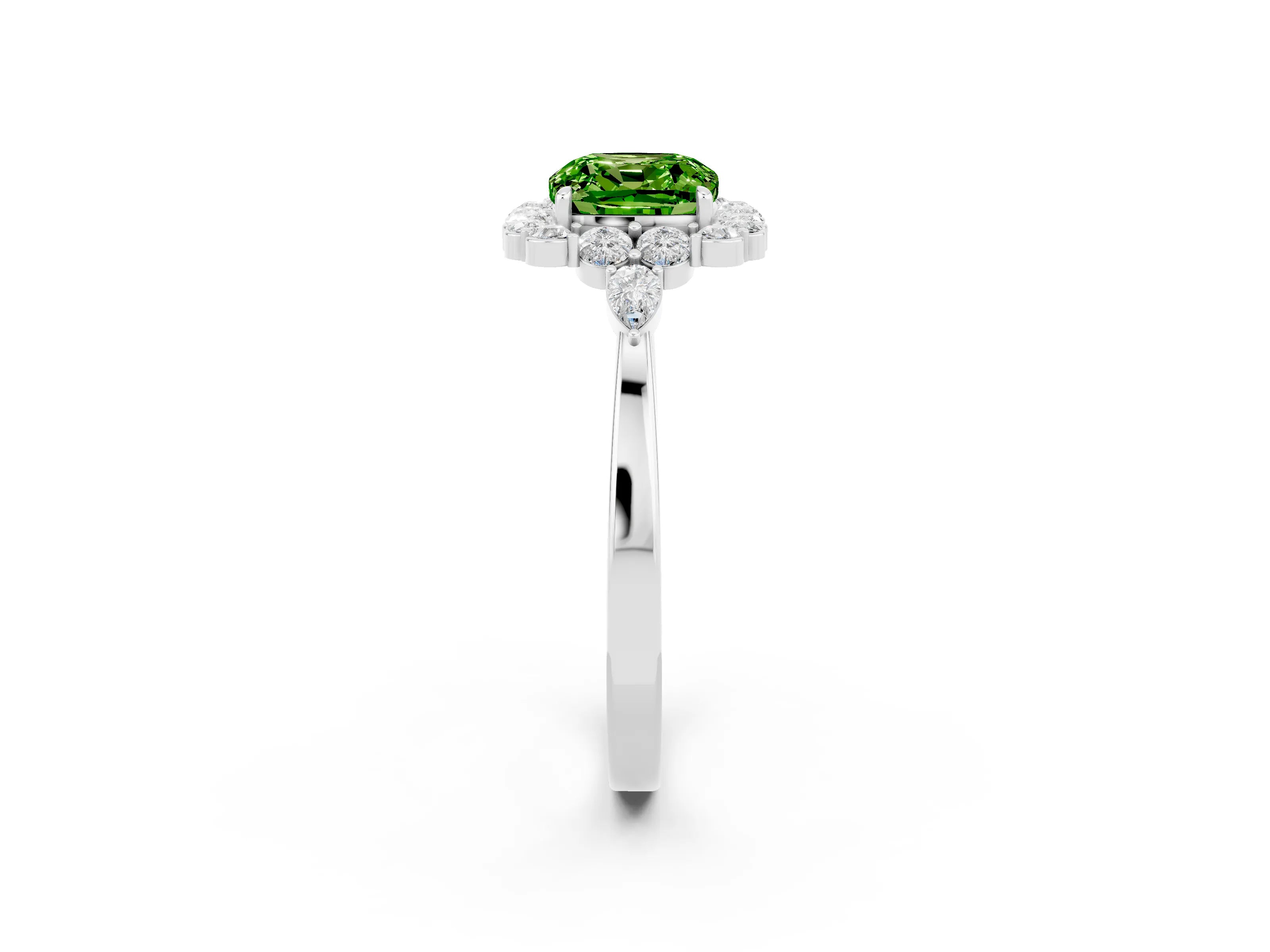White gold Cushion Cut Peridot Halo Ring with Pear Side Stones and Prong Setting_26