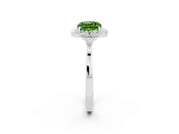 Platinum Cushion Cut Peridot Halo Ring with Pear Side Stones and Prong Setting