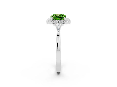 White gold Cushion Cut Peridot Halo Ring with Pear Side Stones and Prong Setting_26