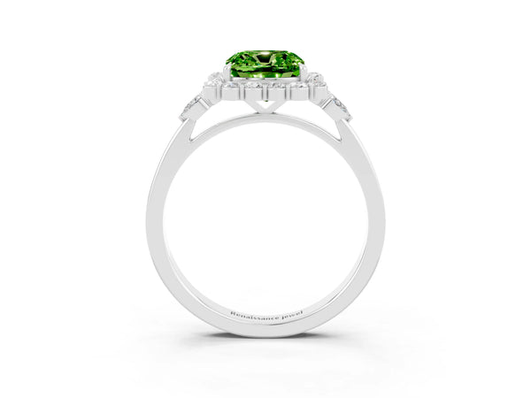 Platinum Cushion Cut Peridot Halo Ring with Pear Side Stones and Prong Setting