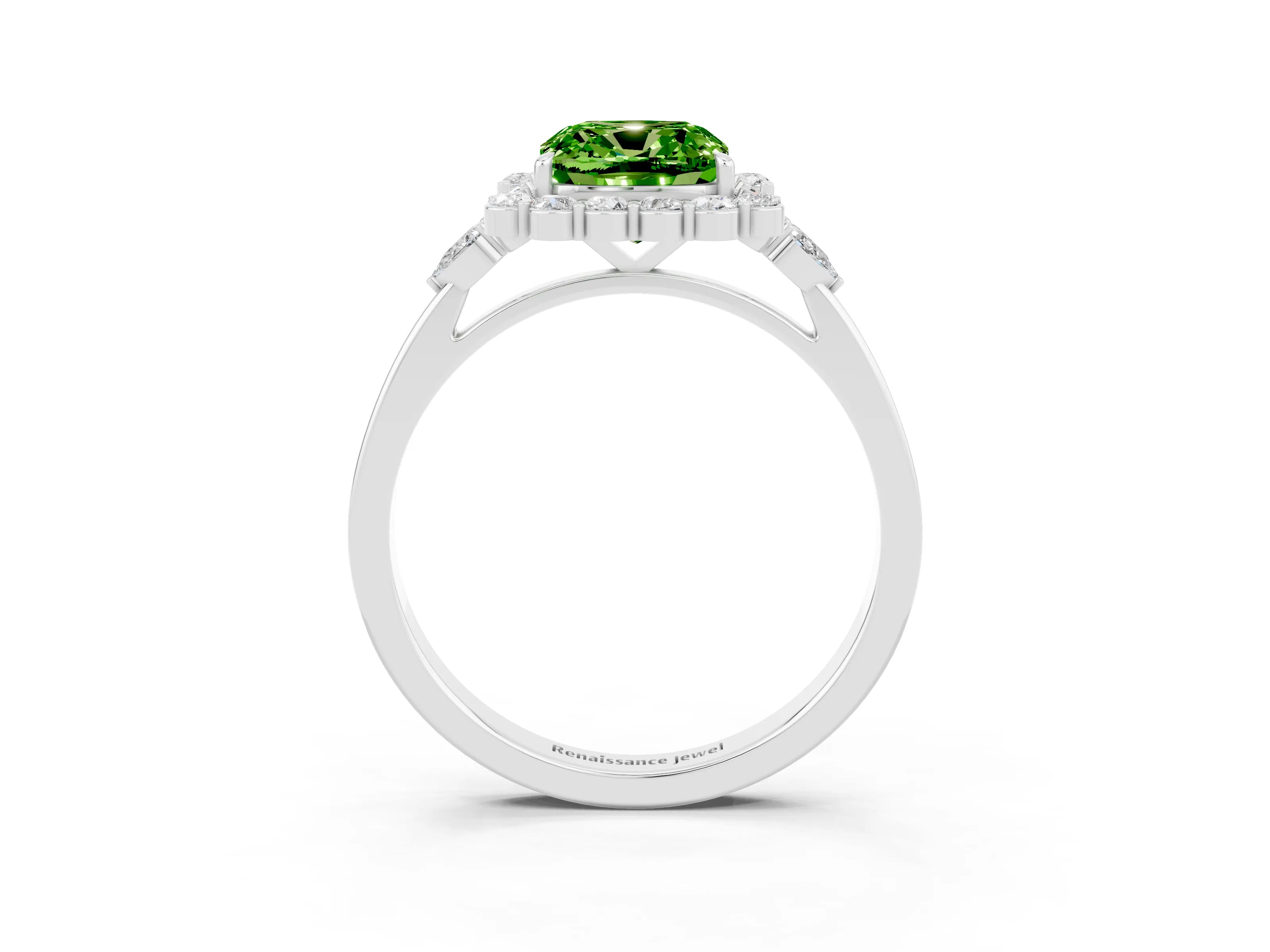 White gold Cushion Cut Peridot Halo Ring with Pear Side Stones and Prong Setting_27