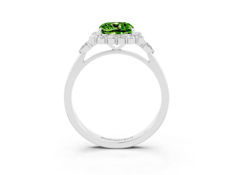 White gold Cushion Cut Peridot Halo Ring with Pear Side Stones and Prong Setting_27