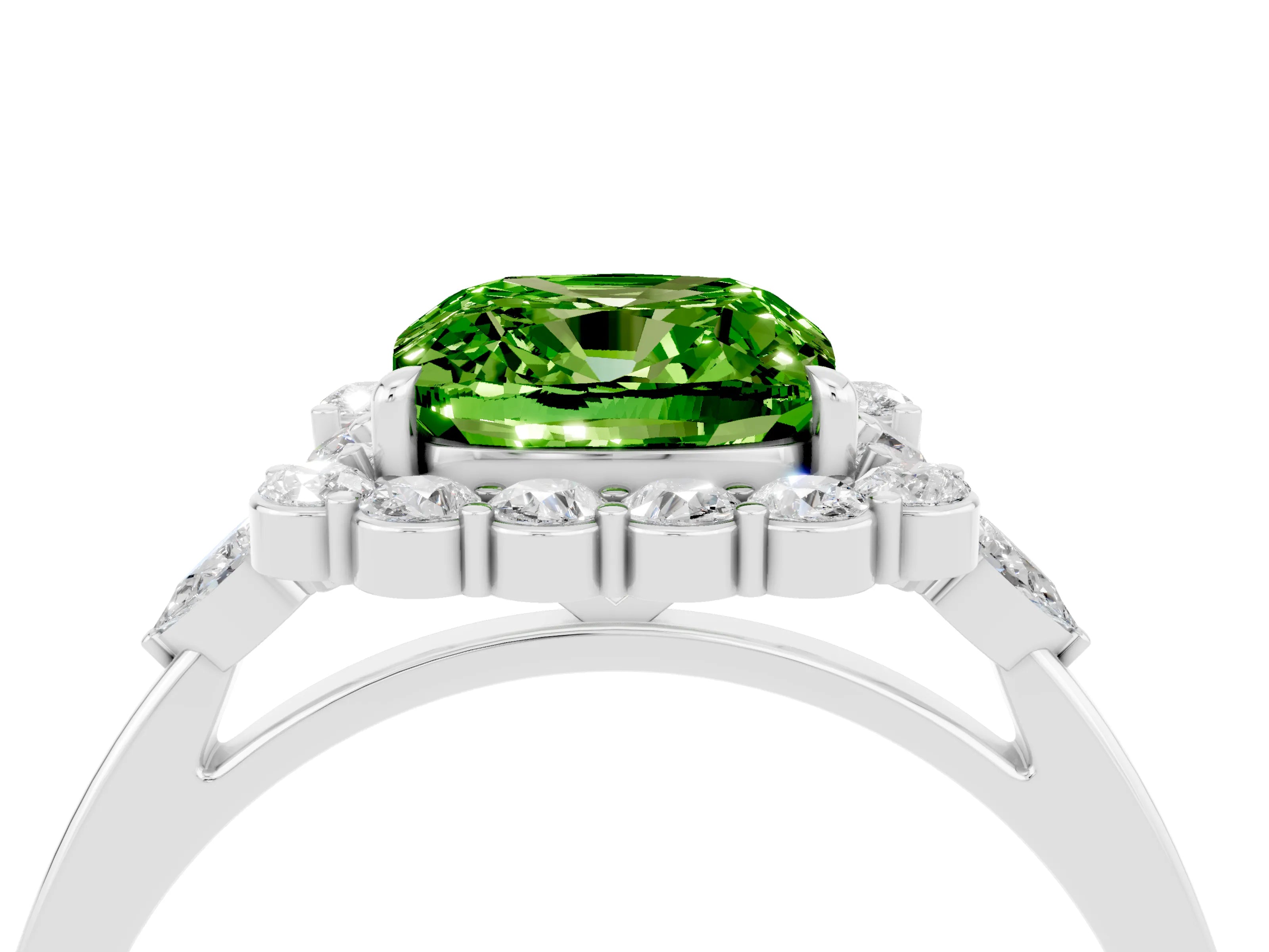 White gold Cushion Cut Peridot Halo Ring with Pear Side Stones and Prong Setting_28