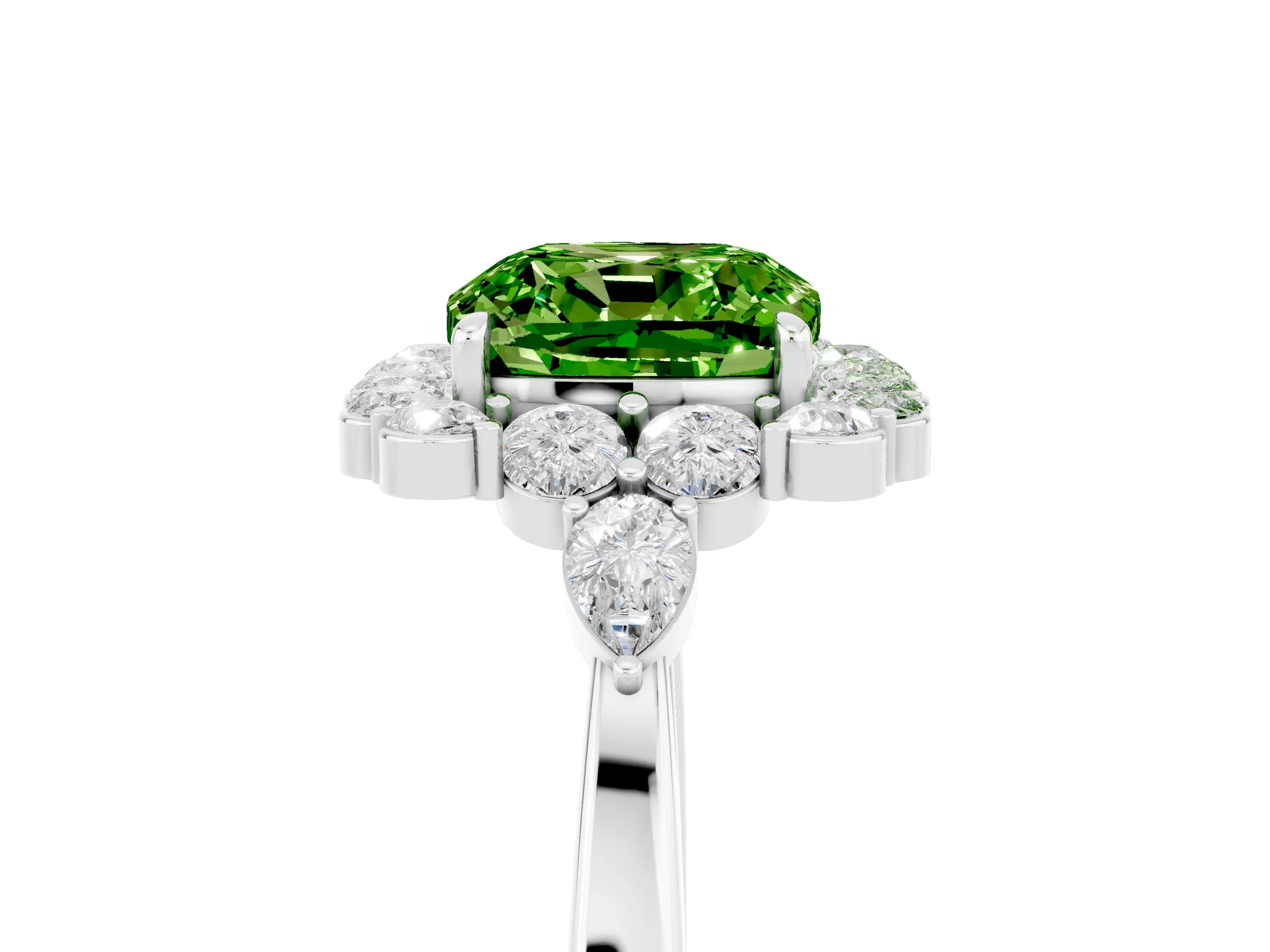 White gold Cushion Cut Peridot Halo Ring with Pear Side Stones and Prong Setting_29