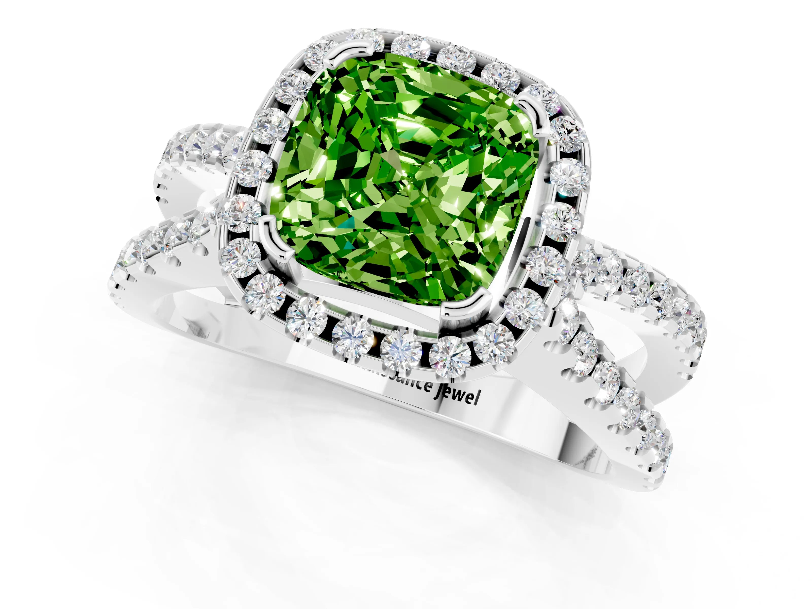 White gold Cushion Cut Peridot Halo Ring with Split Shank Pavé Band and Prong Setting_1