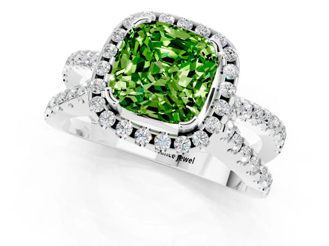 White gold Cushion Cut Peridot Halo Ring with Split Shank Pavé Band and Prong Setting_1