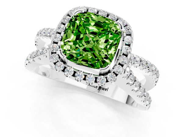 Silver Cushion Cut Peridot Halo Ring with Split Shank Pavé Band and Prong Setting