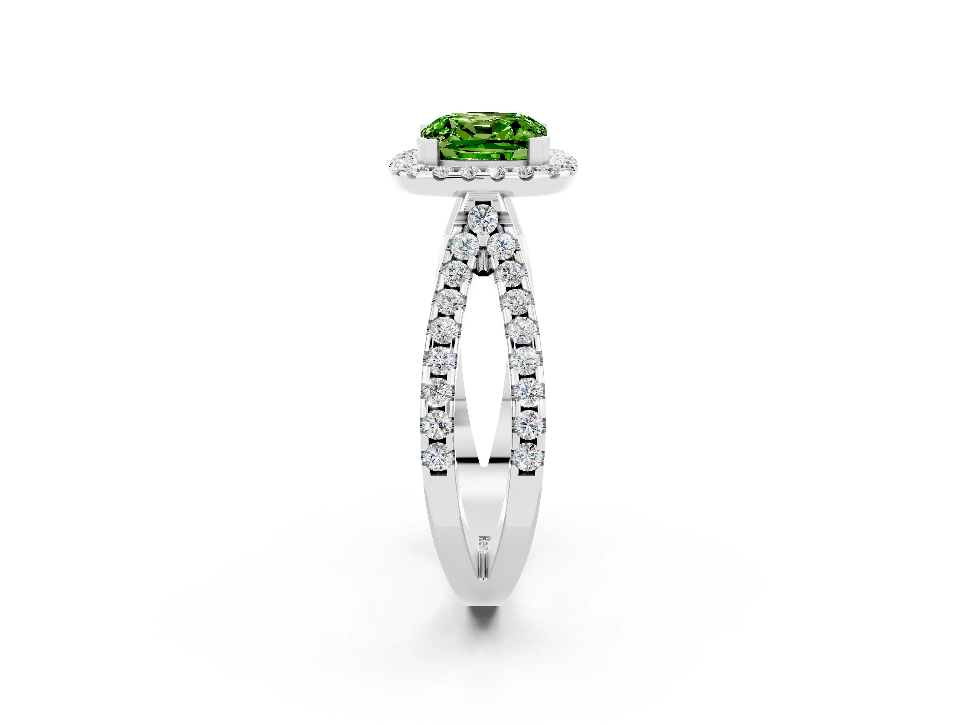 White gold Cushion Cut Peridot Halo Ring with Split Shank Pavé Band and Prong Setting_2