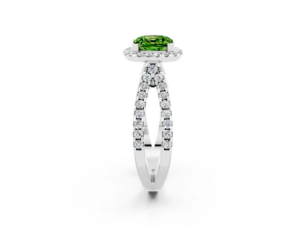 Silver Cushion Cut Peridot Halo Ring with Split Shank Pavé Band and Prong Setting