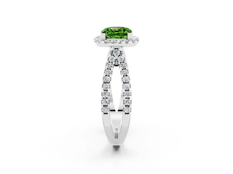 White gold Cushion Cut Peridot Halo Ring with Split Shank Pavé Band and Prong Setting_2