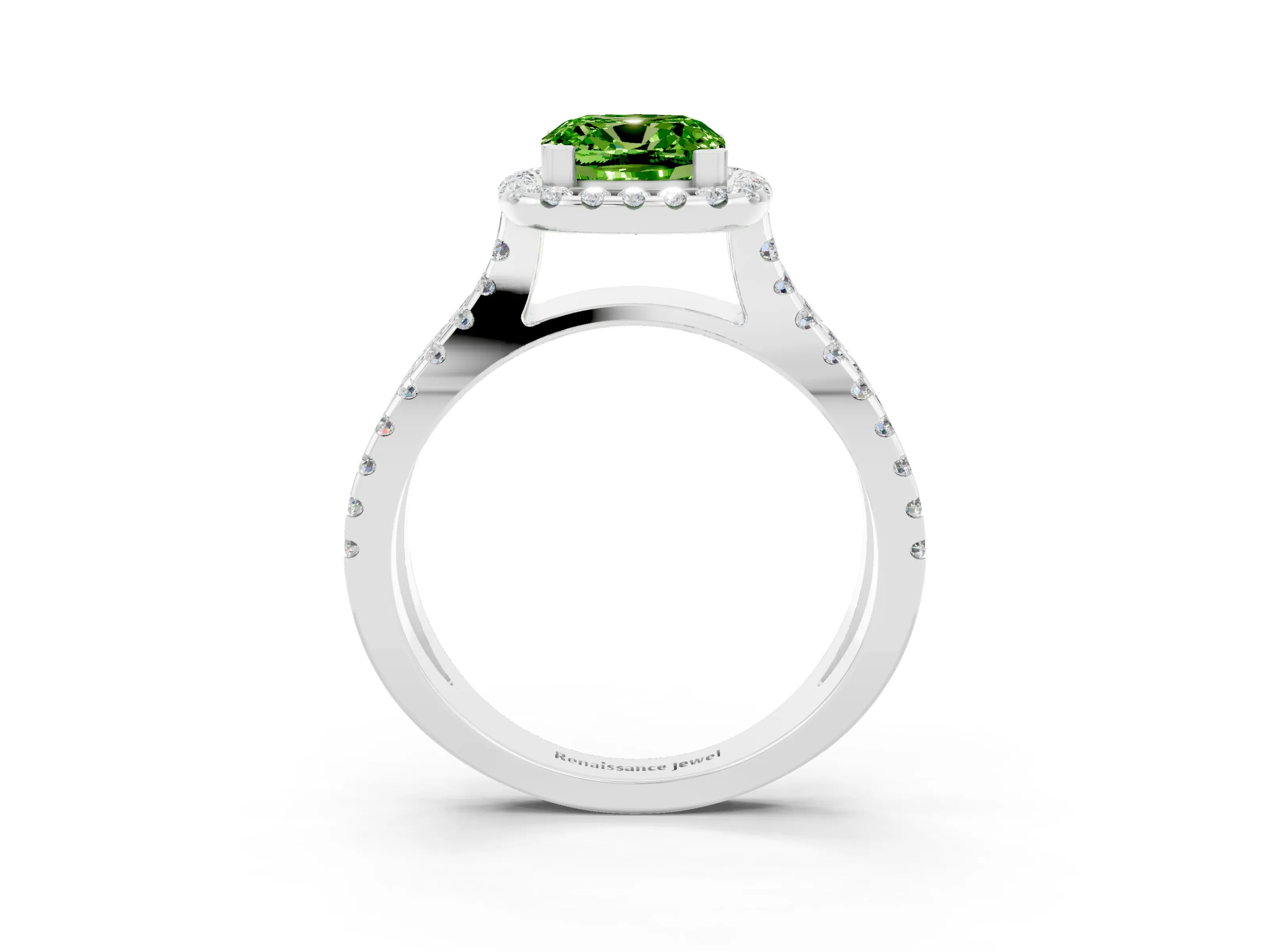 White gold Cushion Cut Peridot Halo Ring with Split Shank Pavé Band and Prong Setting_3