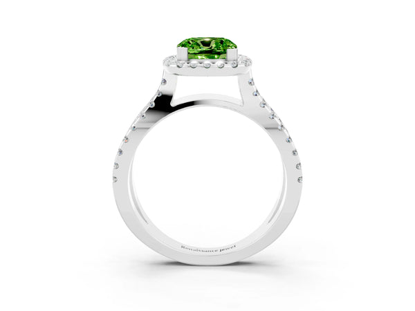White gold Cushion Cut Peridot Halo Ring with Split Shank Pavé Band and Prong Setting