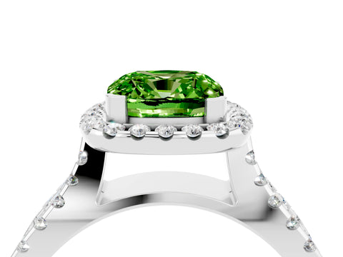 White gold Cushion Cut Peridot Halo Ring with Split Shank Pavé Band and Prong Setting_4
