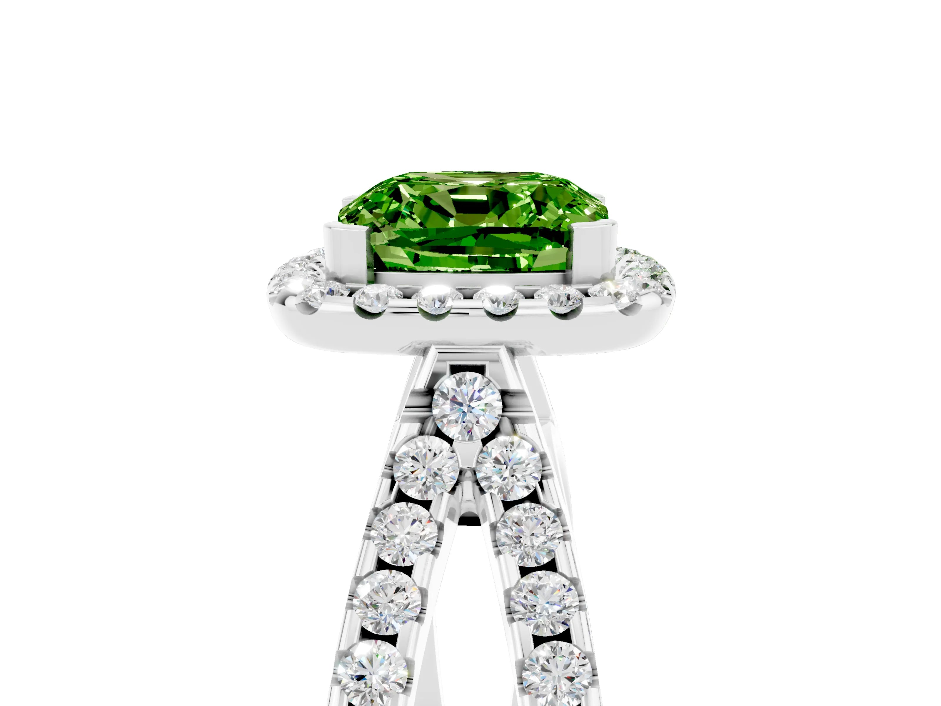 White gold Cushion Cut Peridot Halo Ring with Split Shank Pavé Band and Prong Setting_5