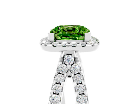 White gold Cushion Cut Peridot Halo Ring with Split Shank Pavé Band and Prong Setting_5