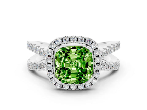 White gold Cushion Cut Peridot Halo Ring with Split Shank Pavé Band and Prong Setting